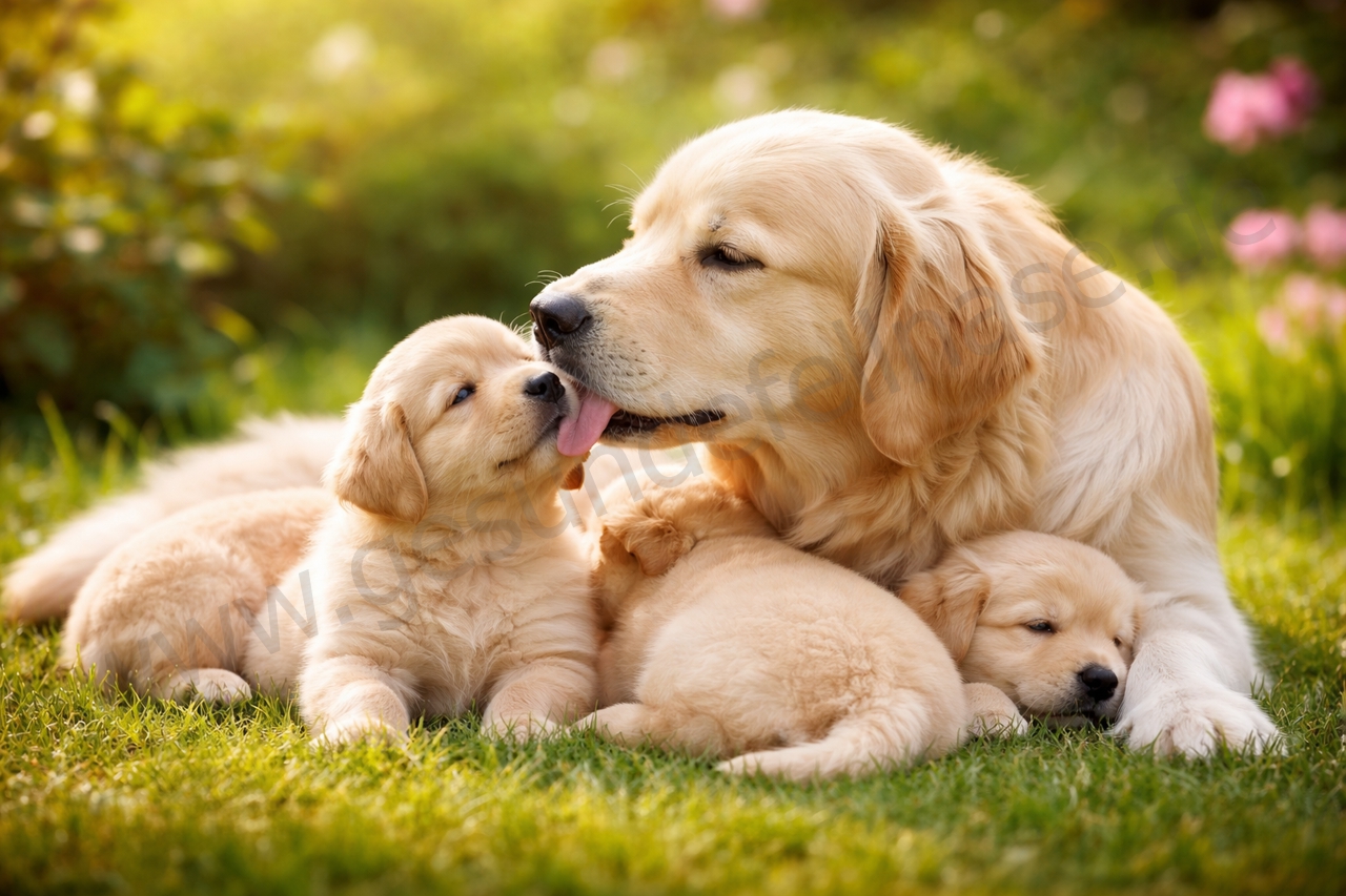 Mutterhündin leckt Welpen