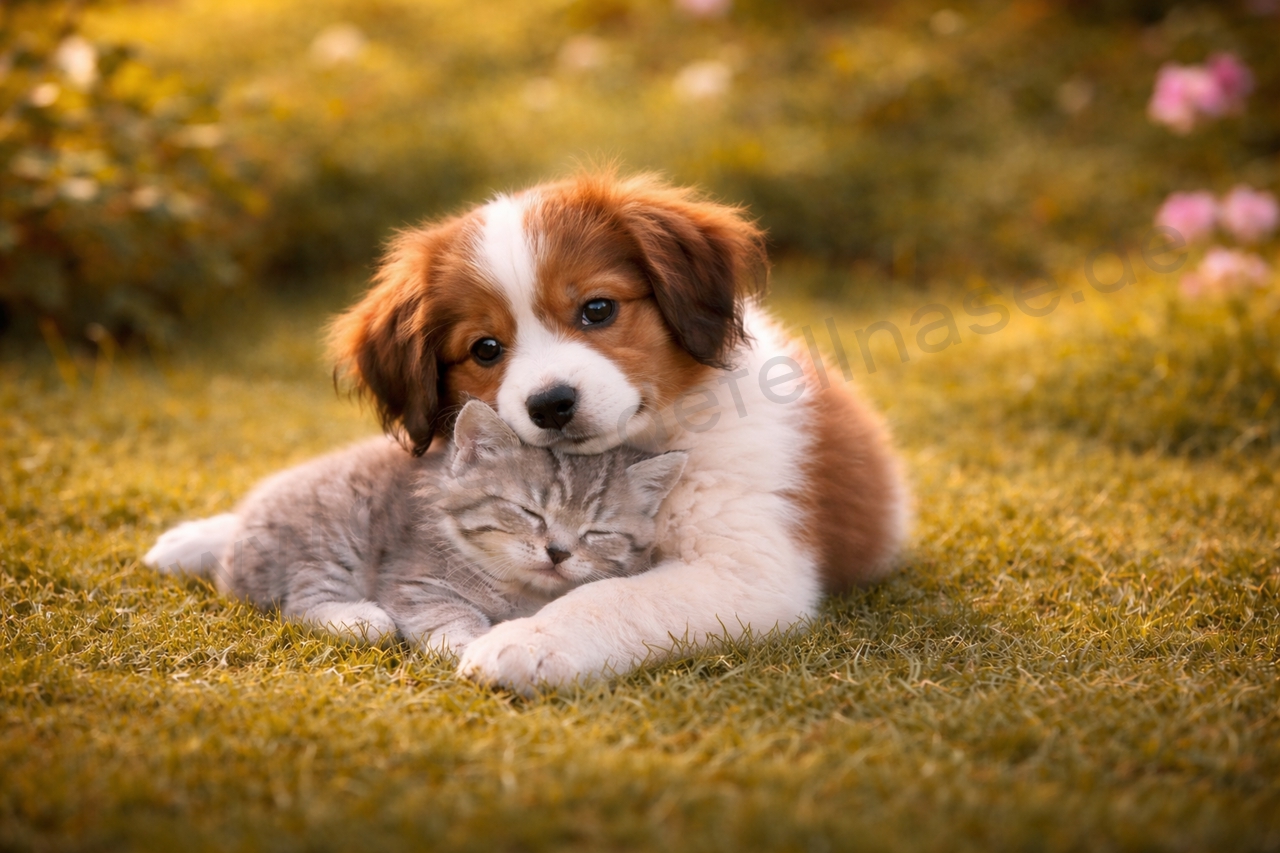 Kookerwelpe kuschelt mit Katze
